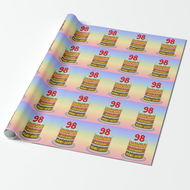 98th Birthday: Fun Cake and Candles + Custom Name Wrapping Paper (Unrolled)