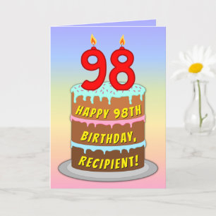 98th Birthday — Fun Cake & Candles, w/ Custom Name Card