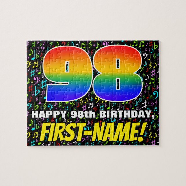 98th Birthday — Fun, Colourful Music Symbols & “98 Jigsaw Puzzle (Horizontal)