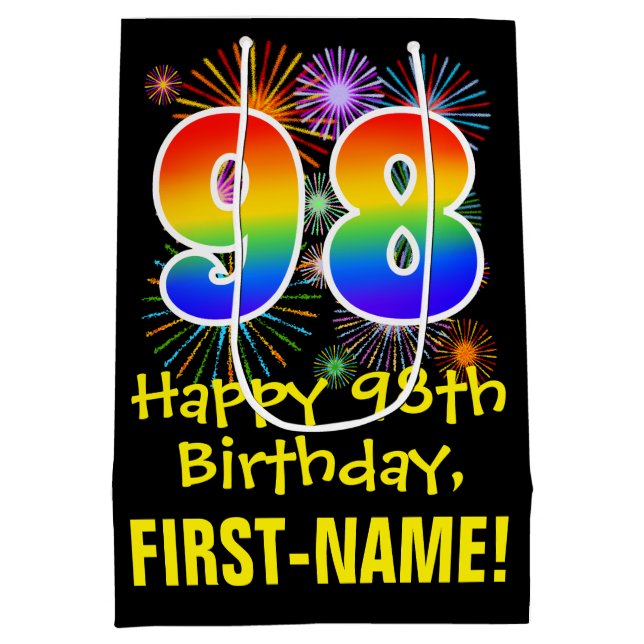 98th Birthday: Fun Fireworks Pattern + Rainbow 98 Medium Gift Bag (Back)