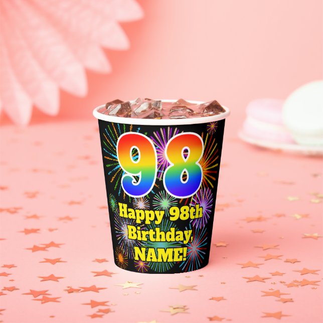 98th Birthday: Fun Fireworks Pattern + Rainbow 98 Paper Cups (Insitu)