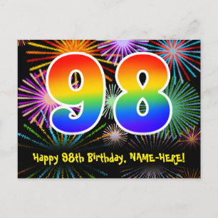 98th Birthday – Fun Fireworks Pattern + Rainbow 98 Postcard