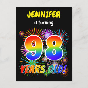 98th Birthday - Fun Fireworks, Rainbow Look "98" Postcard