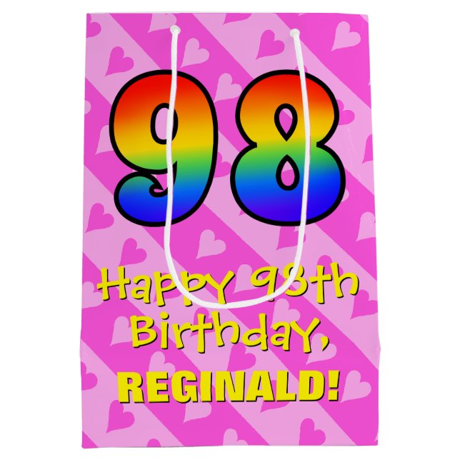 98th Birthday: Fun Pink Hearts Stripes; Rainbow 98 Medium Gift Bag (Back)