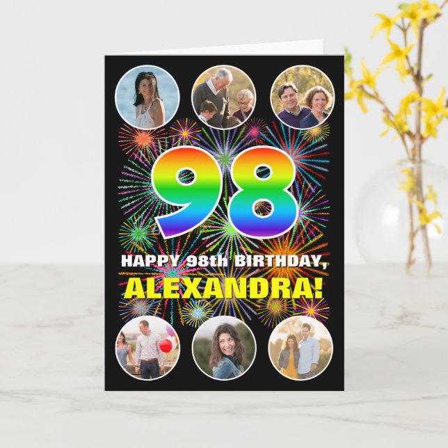 98th Birthday: Fun Rainbow #, Custom Name & Photos Card (Yellow Flower)
