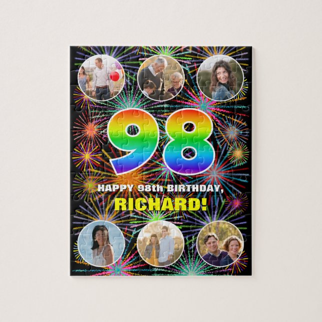 98th Birthday: Fun Rainbow #, Custom Name + Photos Jigsaw Puzzle (Vertical)
