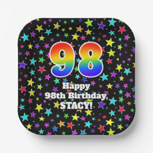98th Birthday: Fun Stars Pattern and Rainbow “98” Paper Plate
