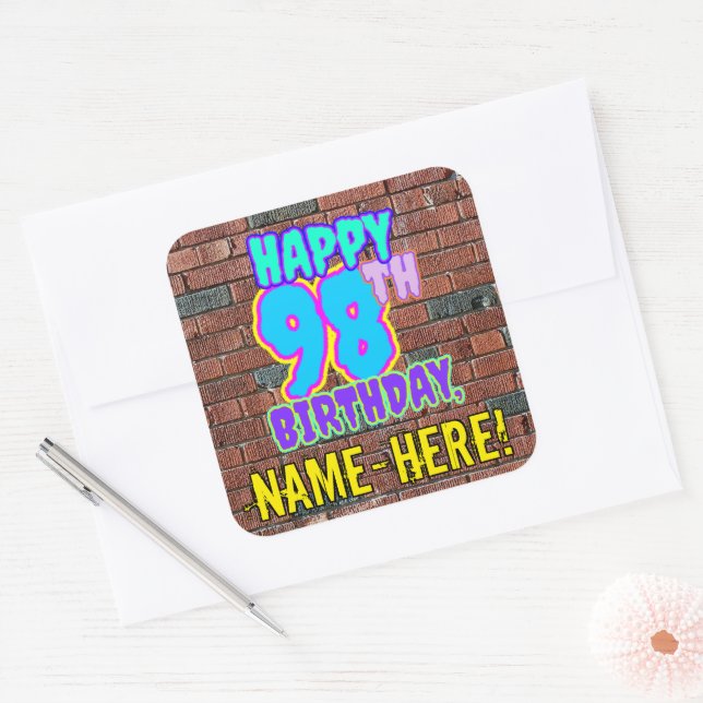 98th Birthday – Fun, Urban Graffiti Inspired Look Square Sticker (Envelope)