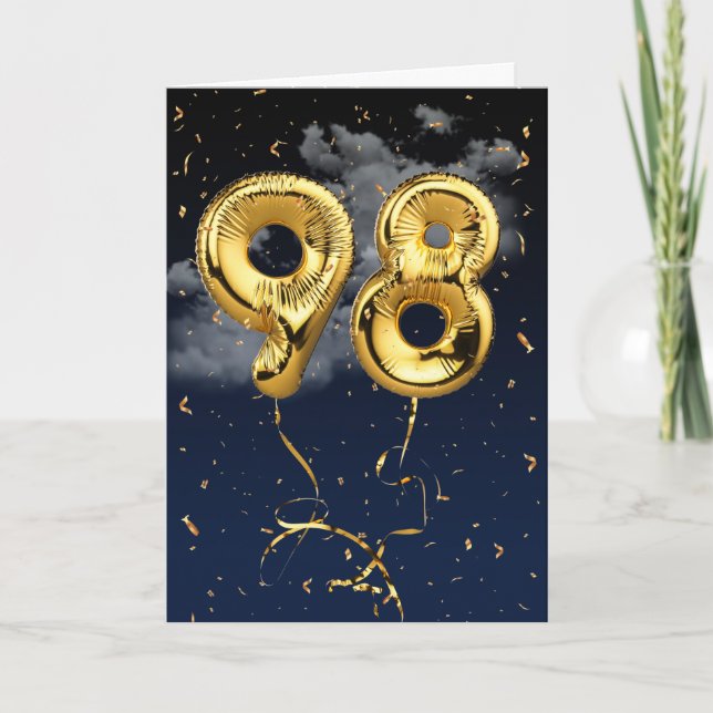 98th Birthday Gold Mylar Balloon and Confetti Card (Front)