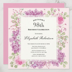 98th Birthday Invitation Elegant Pink Flowers
