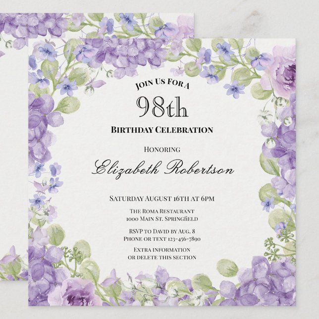 98th Birthday Invitation Elegant Purple Floral (Creator Uploaded)
