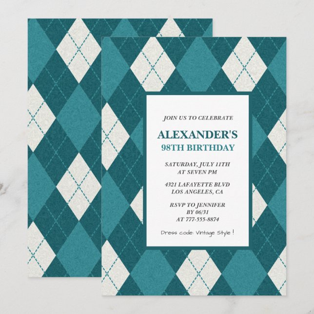 98th birthday invitations Men Vintage Blue (Front/Back)