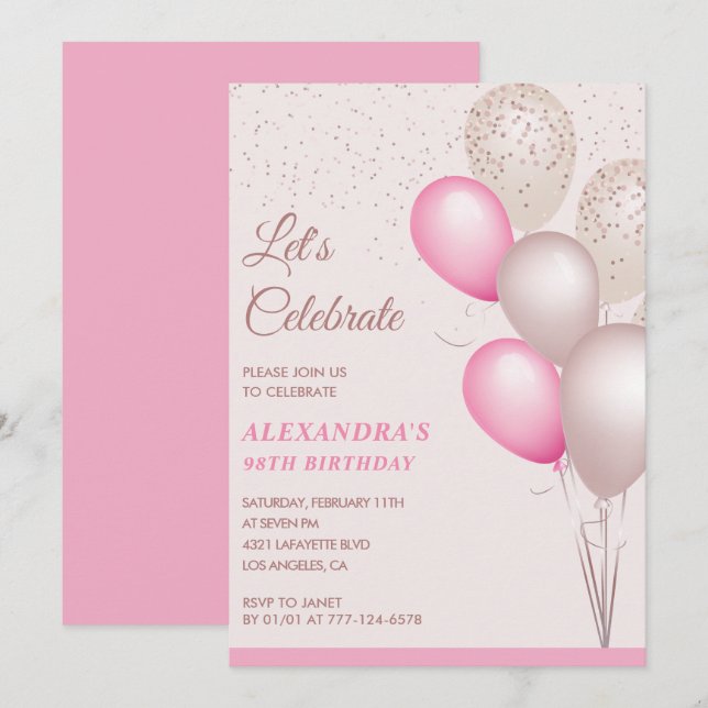 98th birthday invitations Pink Balloons (Front/Back)