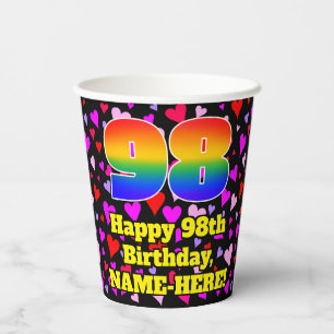 98th Birthday: Loving Hearts Pattern, Rainbow 98 Paper Cups