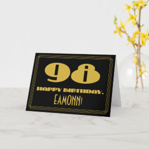 98th Birthday: Name + Art Deco Inspired Look "98" Card