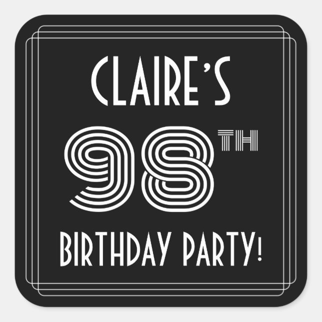 98th Birthday Party: Art Deco Style & Custom Name Square Sticker (Front)