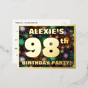98th Birthday Party: Bold, Colourful Fireworks Loo Foil Invitation Postcard