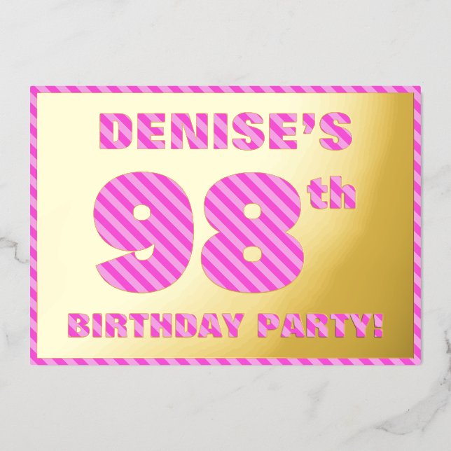98th Birthday Party — Bold, Fun, Pink Stripes # 98 (Front)