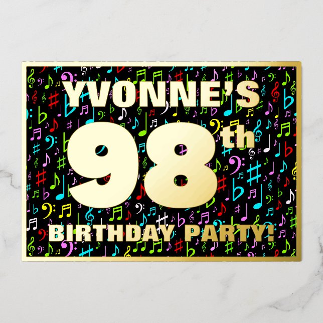 98th Birthday Party — Fun, Colourful Music Symbols (Front)