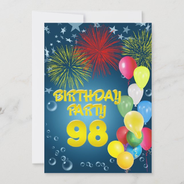 98th Birthday party Invitation with balloons (Front)