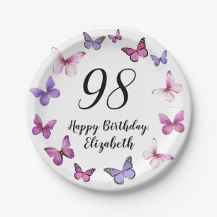 98th Birthday Pink Purple Butterflies Paper Plate
