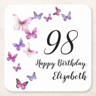 98th Birthday Pink Purple Butterflies Square Paper Coaster