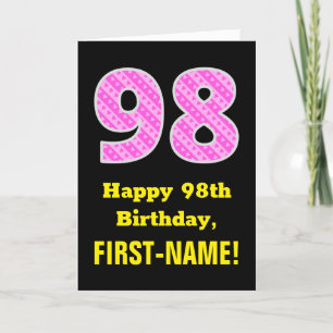 98th Birthday: Pink Stripes and Hearts "98" + Name Card