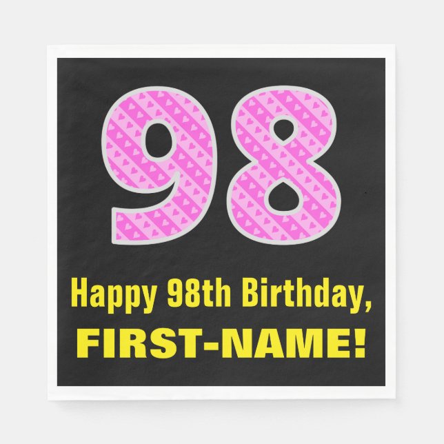 98th Birthday: Pink Stripes and Hearts "98" + Name Napkin (Front)
