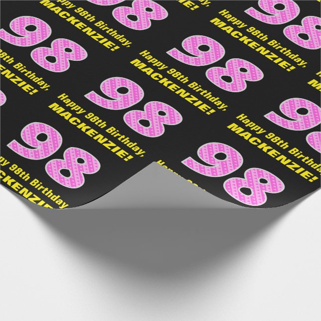 98th Birthday: Pink Stripes and Hearts "98" + Name Wrapping Paper (Corner)