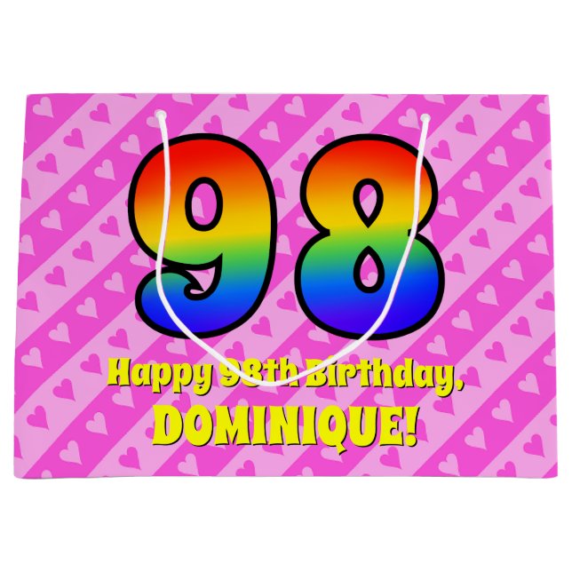 98th Birthday: Pink Stripes & Hearts, Rainbow # 98 Large Gift Bag (Front)
