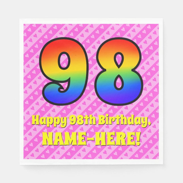 98th Birthday: Pink Stripes & Hearts, Rainbow # 98 Napkin (Front)