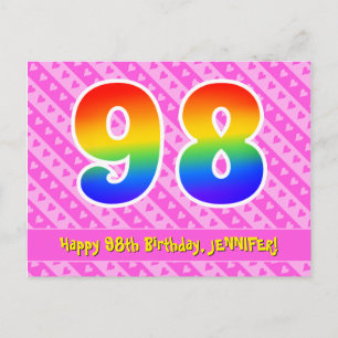 98th Birthday: Pink Stripes & Hearts, Rainbow 98 Postcard