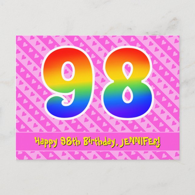 98th Birthday: Pink Stripes & Hearts, Rainbow 98 Postcard (Front)
