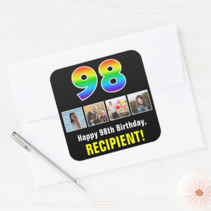 98th Birthday: Rainbow “98”; Custom Photos & Name Square Sticker