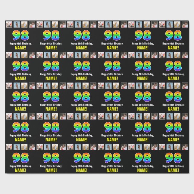 98th Birthday: Rainbow “98“; Custom Photos & Name Wrapping Paper (Seam)