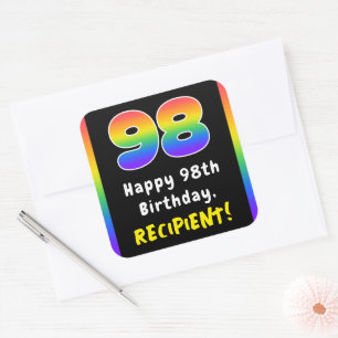 98th Birthday: Rainbow Spectrum # 98, Custom Name Square Sticker