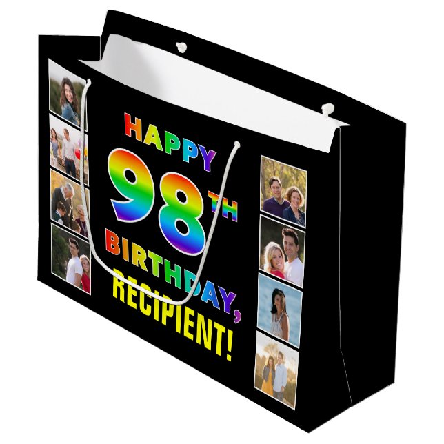 98th Birthday: Rainbow Text, Custom Photos & Name Large Gift Bag (Front Angled)