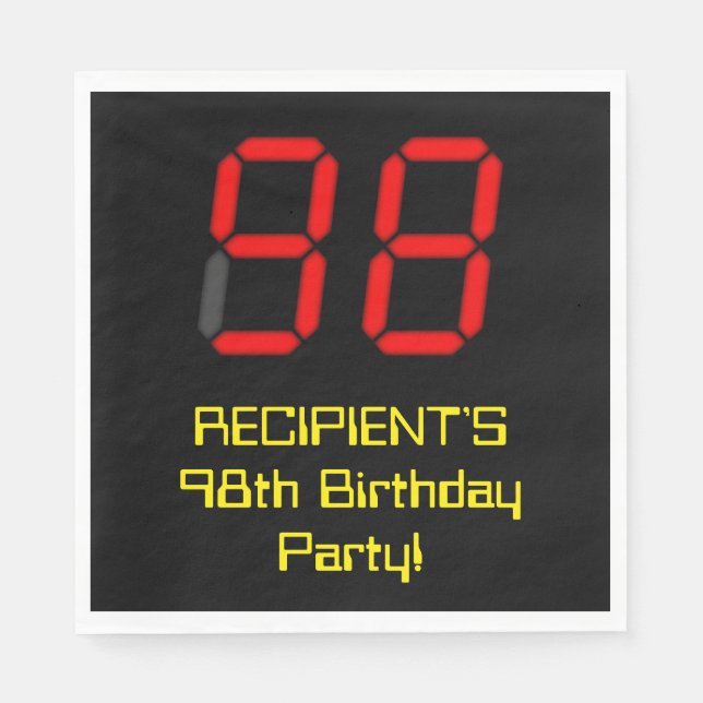 98th Birthday: Red Digital Clock Style "98" + Name Napkin (Front)