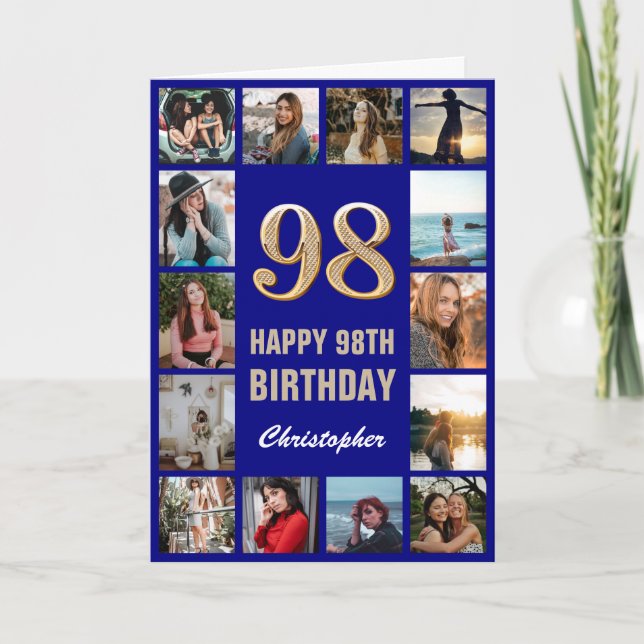 98th Happy Birthday Navy Blue & Gold Photo Collage Card (Front)