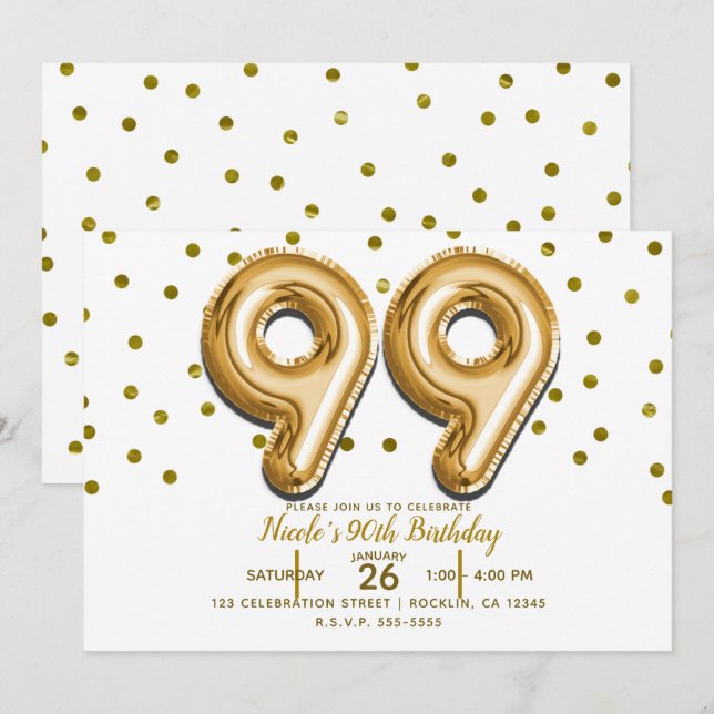 99 Gold Balloons & Confetti 99th Birthday Party Invitation (Front/Back)