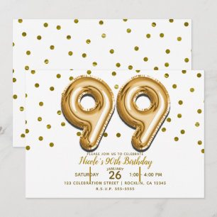 99 Gold Balloons & Confetti 99th Birthday Party Invitation