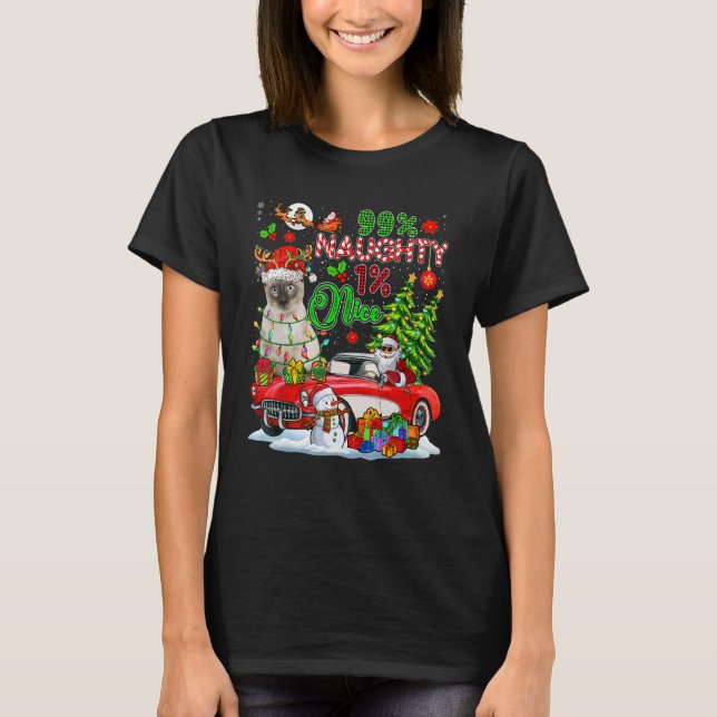 99 Percent Naughty 1 Nice Reindeer Cat With Santa  T-Shirt (Front)