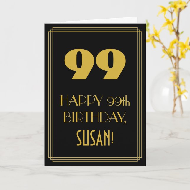 99th Birthday – Art Deco Inspired Look "99" & Name Card (Yellow Flower)