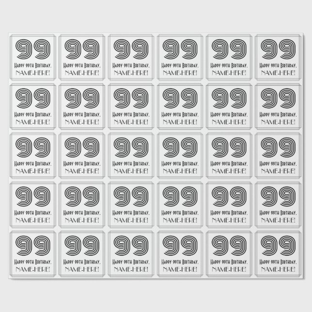 99th Birthday: Art Deco Inspired Style "99" + Name Wrapping Paper (Flat)