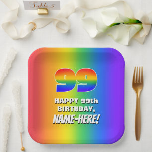 99th Birthday: Colourful, Fun Rainbow Pattern # 99 Paper Plate