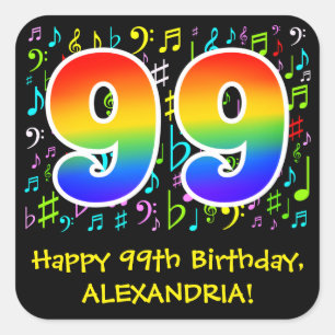 99th Birthday: Colourful Music Symbols, Rainbow 99 Square Sticker