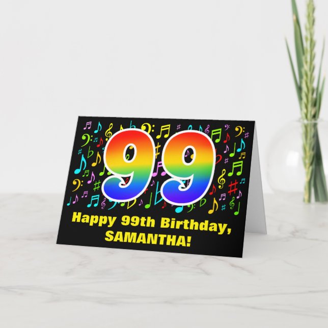 99th Birthday: Colourful Music Symbols & Rainbow 9 Card (Front)