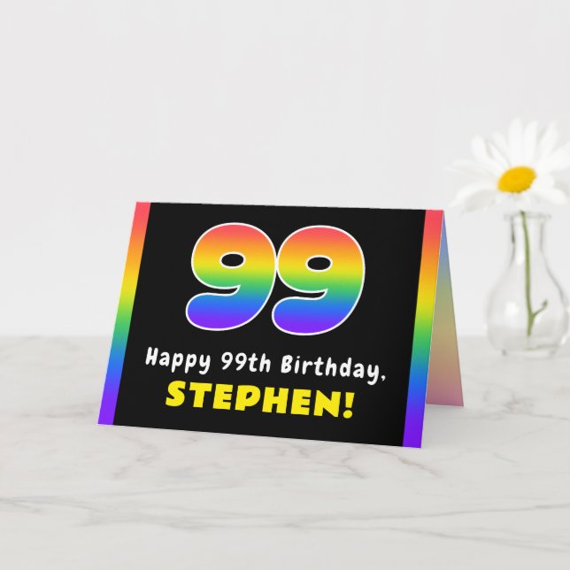 99th Birthday: Colourful Rainbow # 99, Custom Name Card (Small Plant)