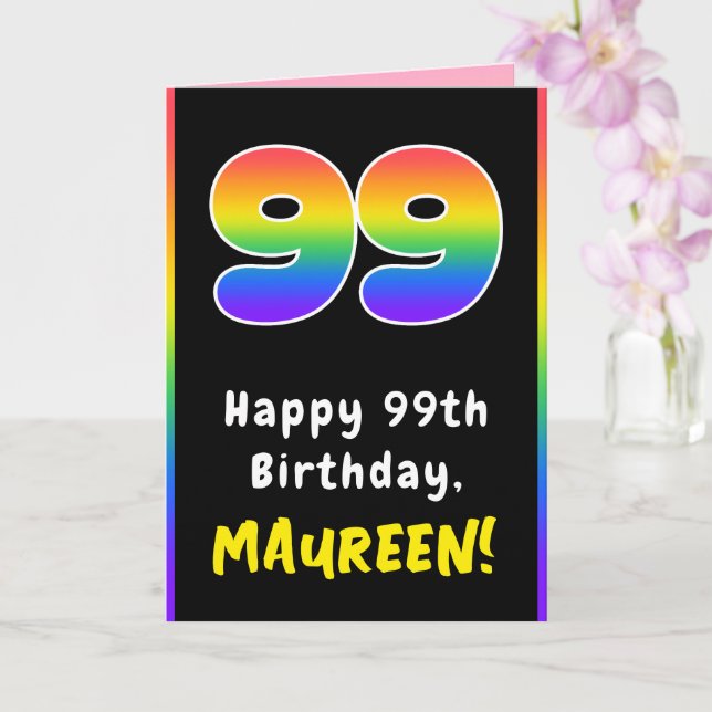 99th Birthday: Colourful Rainbow # 99, Custom Name Card (Orchid)