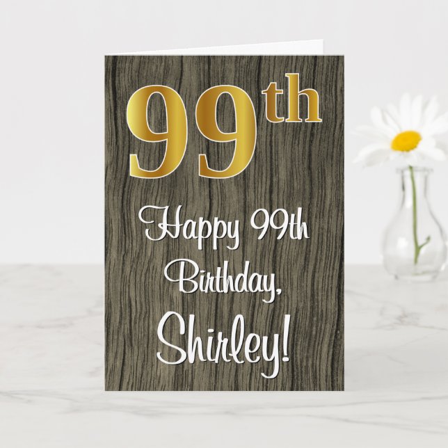 99th Birthday: Elegant Faux Gold Look #, Faux Wood Card (Small Plant)